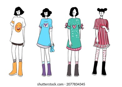 Set of Sketches of beautiful and diverse female fashion outfits. designer and costume design on white background, vector illustration