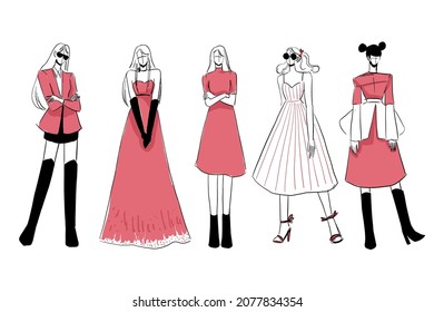 Set of Sketches of beautiful and diverse female fashion outfits. designer and costume design on white background, vector illustration