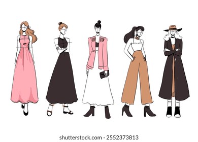 Set of Sketches of beautiful and diverse female fashion outfits. designer and costume design on white background, vector illustration