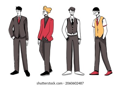 Set of Sketches of beautiful and diverse man fashion outfits. designer and costume design on white background, vector illustration