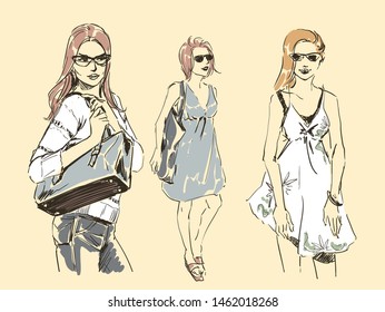 Set of sketches of beautiful slim elegant women in fashion summer clothes in glasses with bag. Vector illustration. Scribble hand drawing by black lines, freehand.