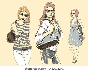 Set of sketches of beautiful slim elegant women in fashion summer clothes in glasses with bag. Vector illustration. Scribble hand drawing by black lines, freehand.