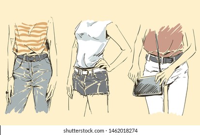 Set of sketches of beautiful slim elegant women in fashion summer clothes in glasses with bag. Vector illustration. Jeans and clutches. Scribble hand drawing by black lines, freehand.