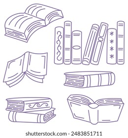 Set of sketches of book outlines. Back to school. Symbols of lines of bookstore, library. A bunch of silhouettes of books. Hand drawn scribbles of books Library, bookstore icons.