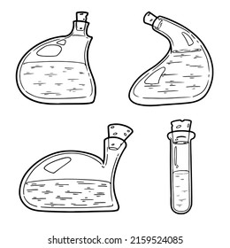 A set of sketches of a bottle of poison or elixir. Magic dishes. Witch potion bottle. Black and white freehand drawing in doodle style.