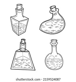 Eine Reihe von Skizzen einer Flasche Gift oder Elixier. Magische Gerichte. Weinflasche. Schwarz-Weiß-Freibord-Zeichnung im Doodle-Stil.