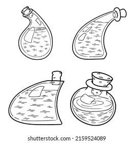 Un conjunto de bocetos de una botella de veneno o elixir. Platos mágicos. Botella de poción de bruja. Dibujo a mano alzada en blanco y negro al estilo doodle.