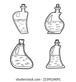 A set of sketches of a bottle of poison or elixir. Magic dishes. Witch potion bottle. Black and white freehand drawing in doodle style.