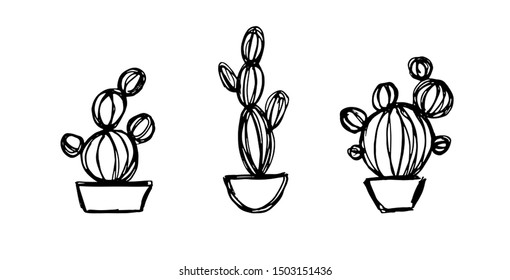 Set of sketches of cacti in pots.