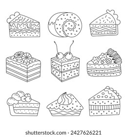 A set of sketches of cakes, food, cheesecakes. Collection of sweet dishes, desserts. Hand drawn vector illustration of sweets. Cake slices outline isolated from background.