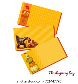 Set of sketches for card or private party invitations with space for your text in style of holiday thanksgiving day isolated on white background. Cornucopia or horn of plenty. Vector cartoon close-up.