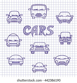 Set of sketches cars. Hand-drawn on notebook sheet. Vector illustration in Doodle style.
