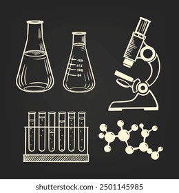 A set of sketches for chemistry lessons microscope, molecules, flasks hand-drawn Dark background.Vector