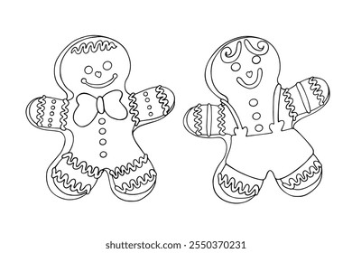 A set of sketches of Christmas gingerbread cookies with icing. Cute doodle gingerbread men. Vector graphics.