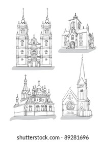 A set of sketches of churches, Hand drawn vector illustration