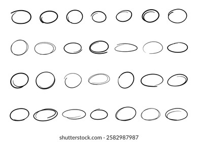 A set of sketches of circles, ovals, hand-drawn with a single line, marker, pen, isolated, vector. Round lines of highlighting, accents, markings for decoration, design, decoration. Simple frame