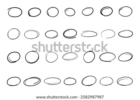 A set of sketches of circles, ovals, hand-drawn with a single line, marker, pen, isolated, vector. Round lines of highlighting, accents, markings for decoration, design, decoration. Simple frame