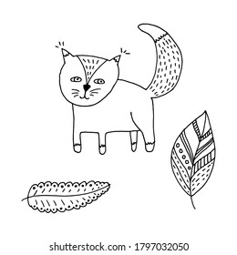 Set of sketches for coloring book. Fox and leaves with patterns.