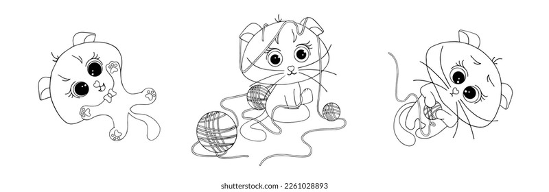 Set of sketches, coloring pages of cute little kittens playing with yarn.Vector graphics.