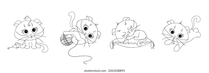 Set of sketches, coloring pages of cute little kittens playing with yarn.Vector graphics.