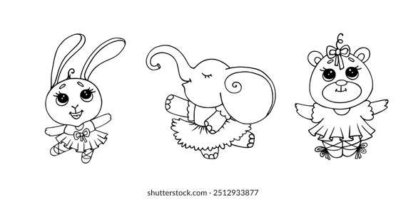 Conjunto de esboços, colorindo páginas de personagens bailarinos bonitos. Pequeno elefante, coelho e urso. Gráficos vetoriais.