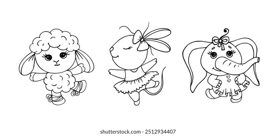 Set of sketches, coloring pages of cute ballerina characters. Little elephant, mouse and sheep. Vector graphics.
