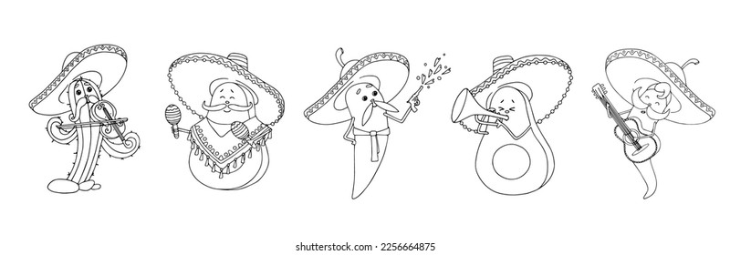 A set of sketches, coloring pages of Mexican characters Cinco de Mayo, chili and avocado, cactus playing musical instruments. Vector graphics.