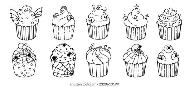 A set of sketches, coloring pages of spooky holiday cupcakes for Halloween.Vector graphics.