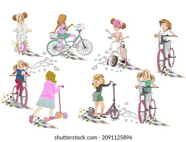 Set of sketches of a cute fashion girl princess with a cat riding the bicycle, a kick scooter decorated with flowers and palm leaves, birds. Hand drawn vector illustration.