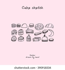 Set of sketches of desserts and cakes. A hand can be a logo, illustration, menu items and packaging.