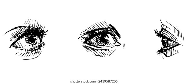 Conjunto de bocetos diferentes ojos humanos, dibujo de la mano vectorial aislado en blanco
