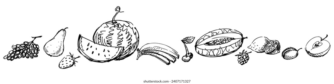 Set of sketches different ripe fruits grape bunch, pear, strawberry, watermelon, banana, cherry, melon, raspberry, lemon, plum, apple, contour hand drawings isolated on white