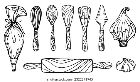 Set von Skizzen, Doodles von Süßwaren-Tools.Vektorgrafiken.