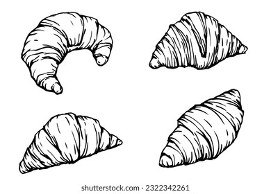 Set of sketches, doodles of croissants.Vector graphics.