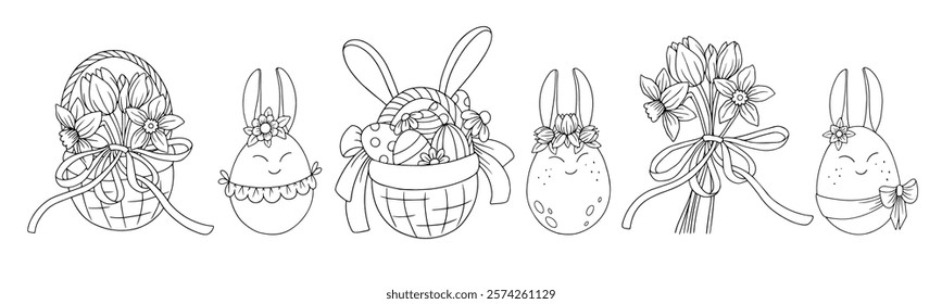 Set of sketches, doodles of Easter baskets with spring flowers, Easter eggs, rabbit ears. Simple holiday coloring pages. Vector graphics.