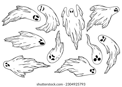 Set of sketches, doodles of emotional ghosts.Vector graphics.