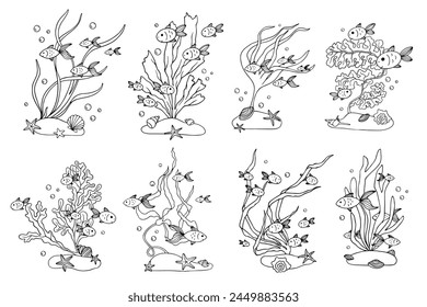 A set of sketches, doodles of fish in seaweed. Vector graphics.