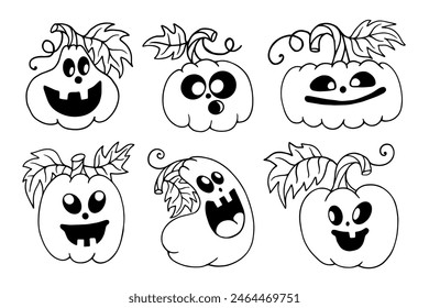 Un conjunto de bocetos, garabatos de divertidos personajes de calabaza para la fiesta de Halloween. Vector gráfico.