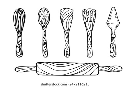 A set of sketches, doodles of pastry tools for baking and desserts. Vector graphics.