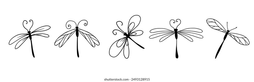 Set of sketches, doodles of winged insect dragonfly. Vector graphics.