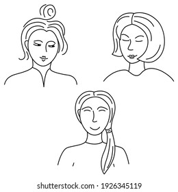 Set of sketches and doodles with women faces with short hair. Can be used for design, avatars, icons, stickers, blog illustrations, textiles, packaging, wrapping paper.