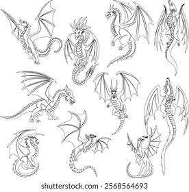 set of sketches dragons, chinese dragons outline, vector