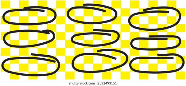 Set of sketches of drawn circular line. A set of ellipse doodles. Sketch ovals, bubbles to circle and highlight text. Pencil or pen graffiti bubble or balloon isolated on white background.