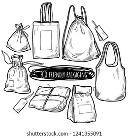 Set of sketches of Eco packaging: textile bags and paper packages. No plastic bags! Hand drawn vector illustration. Isolated
