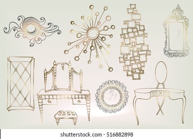  set of sketches of elegant mirrors and dressing tables - bronze, light background, spot light hand painted vector in lines