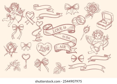 Conjunto de bocetos, grabados para el día de San Valentín. Corazón, cupido, rosas, lazos y cinta. Ilustración vectorial