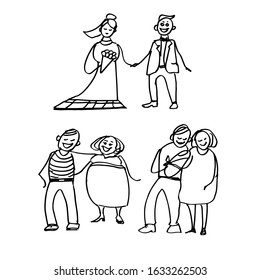 Set of sketches: family life of a man and a woman. Wedding, pregnancy, birth of a child.  Doodle illustration. Vector