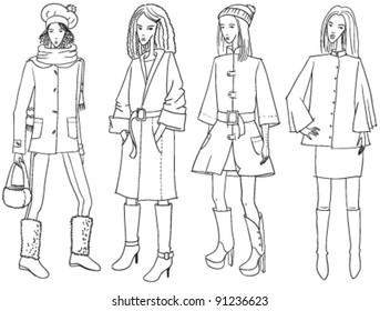 Set with sketches of fashion girls