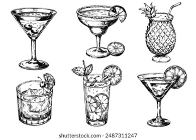 Set of sketches of fashionable cocktails on a white background