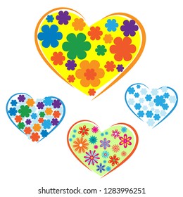 Set of sketches with flowers included in shapes of heart. Logo for inclusive education, concept of equality of different people. 